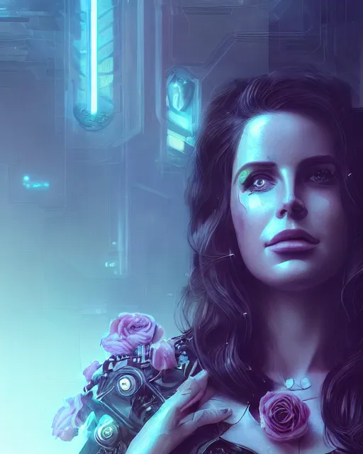 Image similar to portrait of lana del rey as a cyberpunk cyborg. roses, sci - fi, intricate abstract upper body intricate artwork, by tooth wu, wlop, beeple, dan mumford. concept art, octane render, deviantart, greg rutkowski, cinematic arthouse, key art, hyper realism, iridescent accents