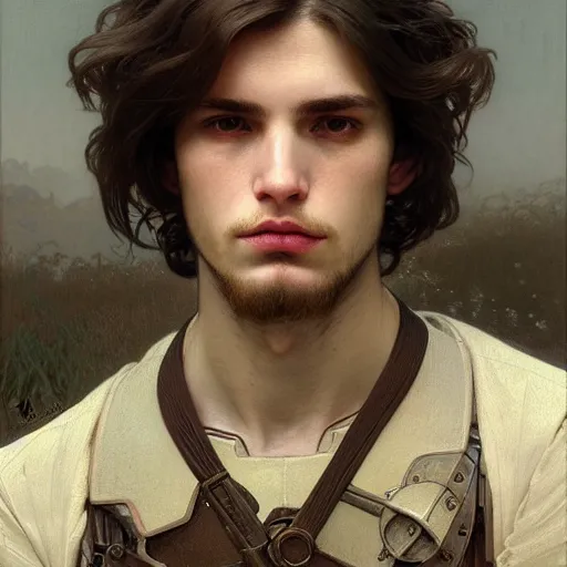 Prompt: portrait painting of a pale serious young man with soft face and medium brown wavy hair wearing armor, ultra realistic, small orbit, concept art, intricate details, eerie, highly detailed, pursed lips, melancholy expression, photorealistic, wide upturn nose, prominent chin, octane render, 8 k, unreal engine. art by artgerm greg rutkowski alphonse mucha