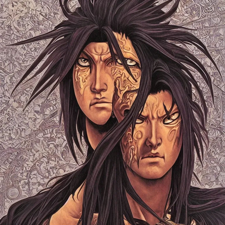 Prompt: portrait of Madara Uchiha!, by Jeff Easley and Peter Elson + beautiful eyes, beautiful face + symmetry face + border and embellishments inspiried by alphonse mucha, fractals in the background, galaxy + baroque, gothic, surreal + highly detailed, intricate complexity, epic composition, magical atmosphere + masterpiece, award winning + trending on artstation