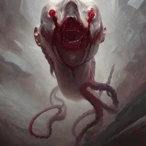 Image similar to painting by greg rutkowski of a flying human head and face that is chalk white in color, with tentacles coming of the neck, red eyes, flying in a terrying hell like cavernous place