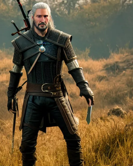 Image similar to Keanu Reevez in the role of Witcher III Gerald of Rivia, amazing short, 8K, IMAX, ultra detailed