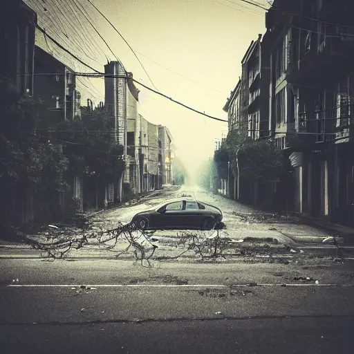 Prompt: a wandering horse left on the street, dark smoke in the background, filthy streets, broken cars. Vines growing. Jpeg artifacts. Trending on flickr. Colored photo. Samyang/Rokinon Xeen 50mm T1.5