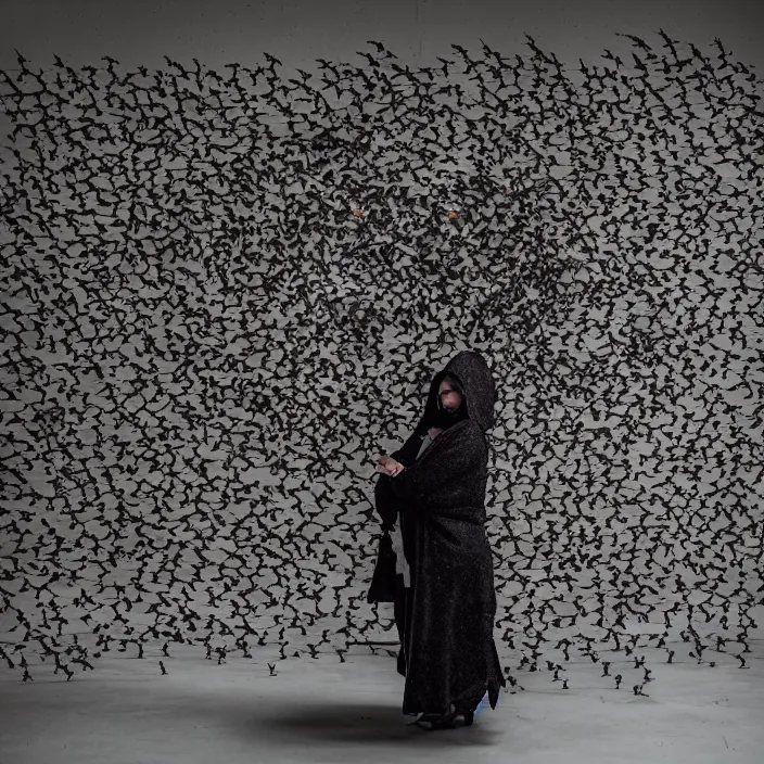 Prompt: a woman wearing a hood made of birds, in an abandoned office building, by helen warner, canon eos c 3 0 0, ƒ 1. 8, 3 5 mm, 8 k, medium - format print