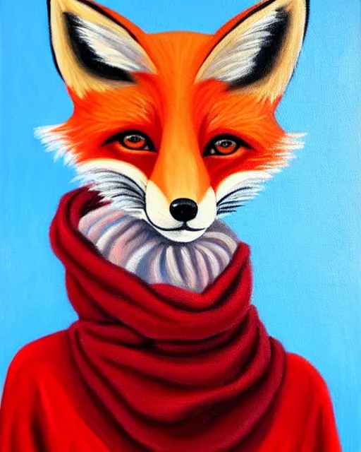 Image similar to oil painting portrait of anthropomorphic female fox animal dressed in sweater and scarf, fox animal, movie set in background, oil painting,