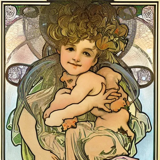 Prompt: cherub with four faces in one, byalphonse mucha