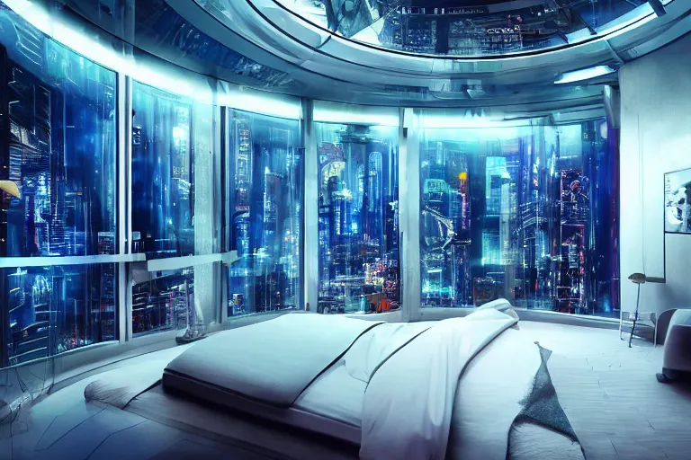 Image similar to a futuristic bedroom with large curved ceiling high windows looking out to a far future cyberpunk cityscape, cyberpunk neon lights, raining, scifi