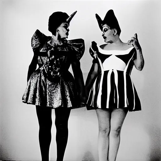 Prompt: two drag queens holding hands, black and white photography by diane arbus