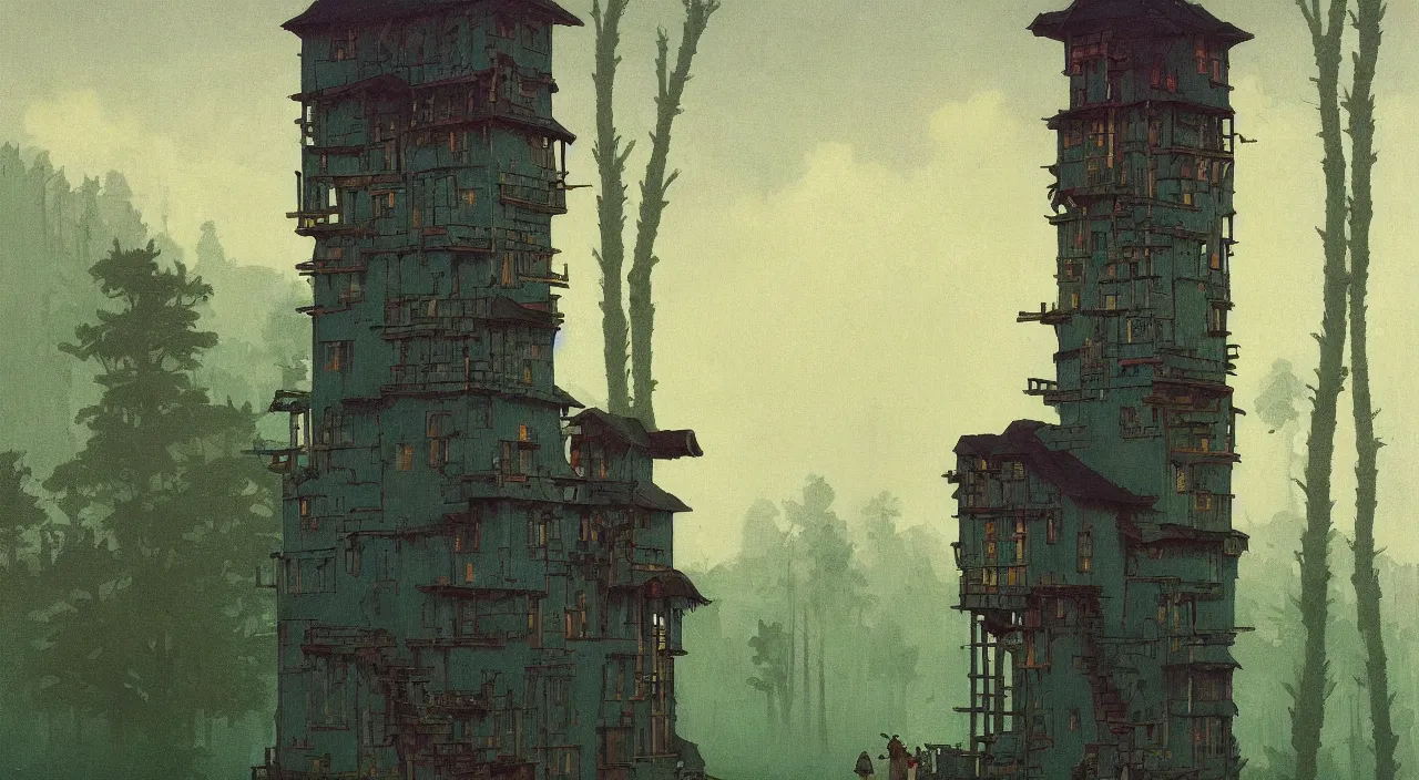Image similar to single flooded simple wooden moss tower, very coherent and colorful high contrast!! masterpiece by rene magritte simon stalenhag carl spitzweg syd mead norman rockwell edward hopper james gilleard, minimalist, dark shadows, sunny day, hard lighting