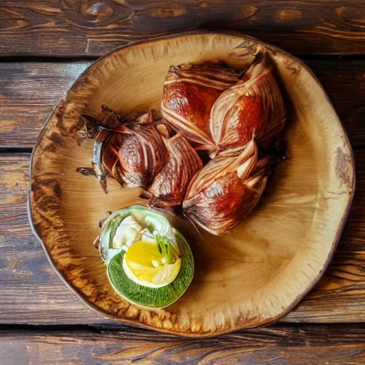 Prompt: A plate of Hawaiian Laulau, sitting on a well-detailed ornate wooden table, sunny lighting, radiant lighting, beautiful volumetric lighting, homely atmosphere, trending on artstation, 4k!!!, 8k!!!