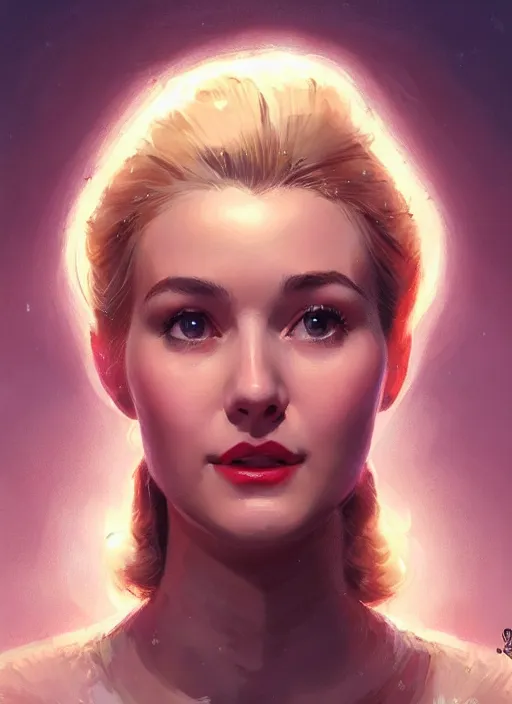 Image similar to portrait of betty cooper with fluffy bangs, bangs, 1 9 6 0 s, ponytail, curly bangs and ponytail, rounder face, intricate, elegant, glowing lights, highly detailed, digital painting, artstation, concept art, smooth, sharp focus, illustration, art by wlop, mars ravelo and greg rutkowski