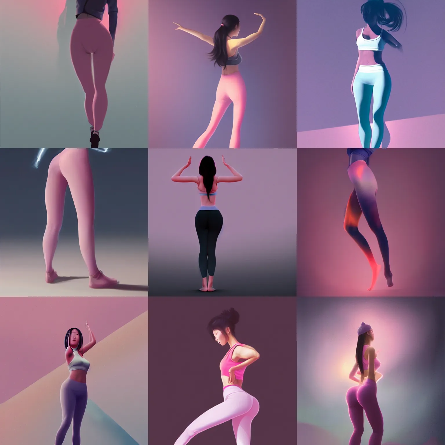 Prompt: korean girl in yoga pants by peter mohrbacher, dynamic lighting, gradient light pink