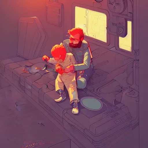 Image similar to illustration, a Love of a father and son, post grunge concept art by josan gonzales and wlop, highly detailed, intricate, sharp focus, Trending on Artstation HQ, deviantart