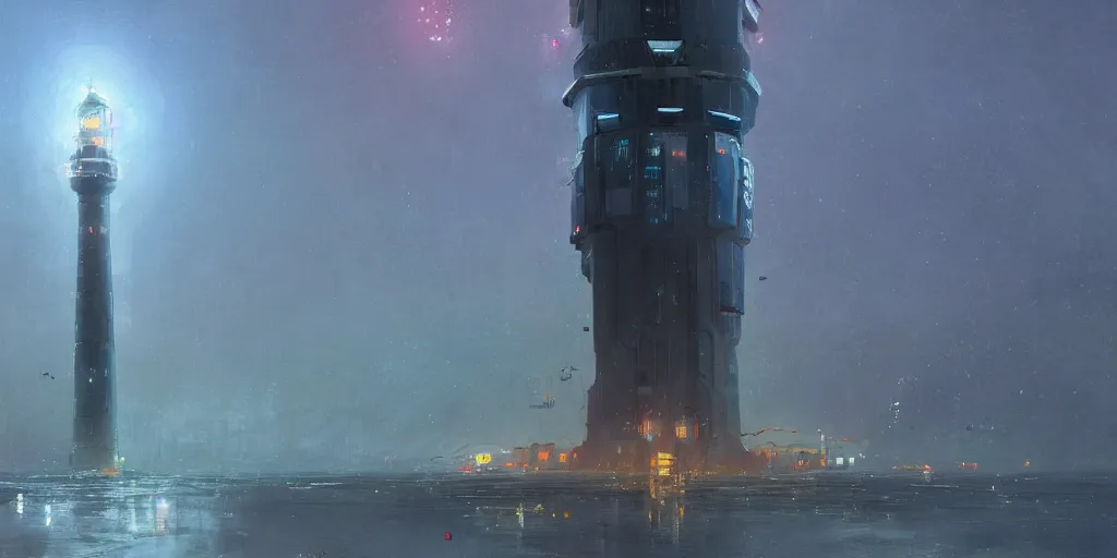 Prompt: concept art of a lone towering sci - fi lighthouse at the waterfront of a busy city, grimy, gritty, blade runner 2 0 4 9, trending on artstation, award winning painting, cgi, art by john berkey and anton fadeev and john howe and simon stalenhag