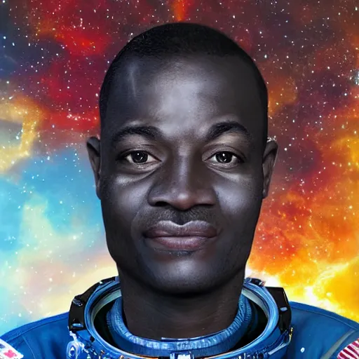 Image similar to a portrait of an african astronaut in the space with nebulae, realistic painting, high definition, digital art, matte painting, very detailed, realistic