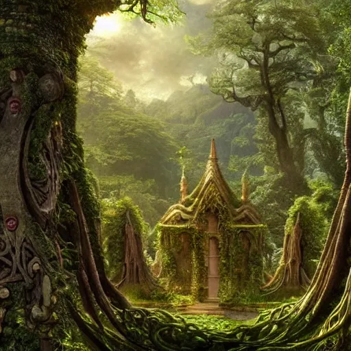 Image similar to a beautiful and highly detailed matte painting of an elven temple in a magical fantasy garden in a lush forest, celtic knots, ancient runes, knotted trees, intricate details, epic scale, insanely complex, 8 k, sharp focus, hyperrealism, very realistic, by caspar friedrich, albert bierstadt, james gurney, brian froud,