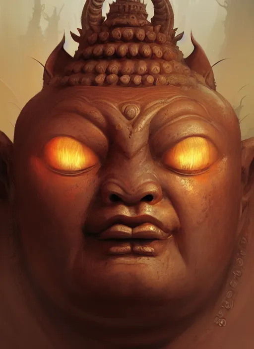 Prompt: oni with the face of a buddha, subsurface scattering, by jesper ejsing, justin gerard, tomasz alen kopera, cgsociety and fenghua zhong, highly detailed, rim light, cinematic lighting, illustration, art, octane render, very coherent, cinematic, hyper realism, high detail, octane render, 8 k