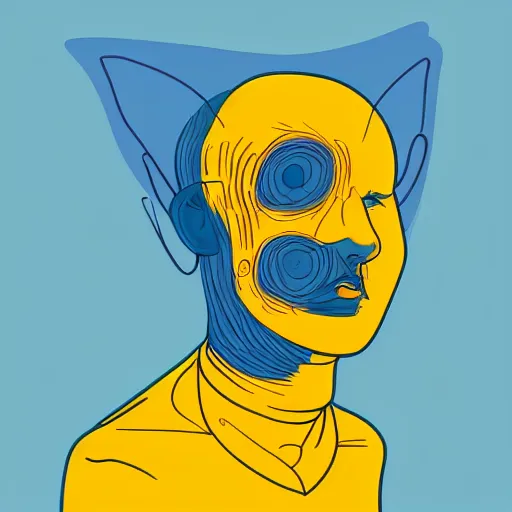 Image similar to human man that resembles a wasp morh in surreal sketch style, blue and yellow gradient, noise, ultrafine detail, hd 8k, logo illustration