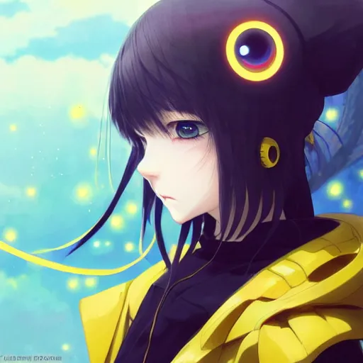 Image similar to a beautiful anime cyborg - girl with yellow eyes wearing a cat hoodie, wlop, ilya kuvshinov, artgerm, krenz cushart, greg rutkowski, hiroaki samura, range murata, james jean, katsuhiro otomo, erik jones, serov, surikov, vasnetsov, repin, kramskoi