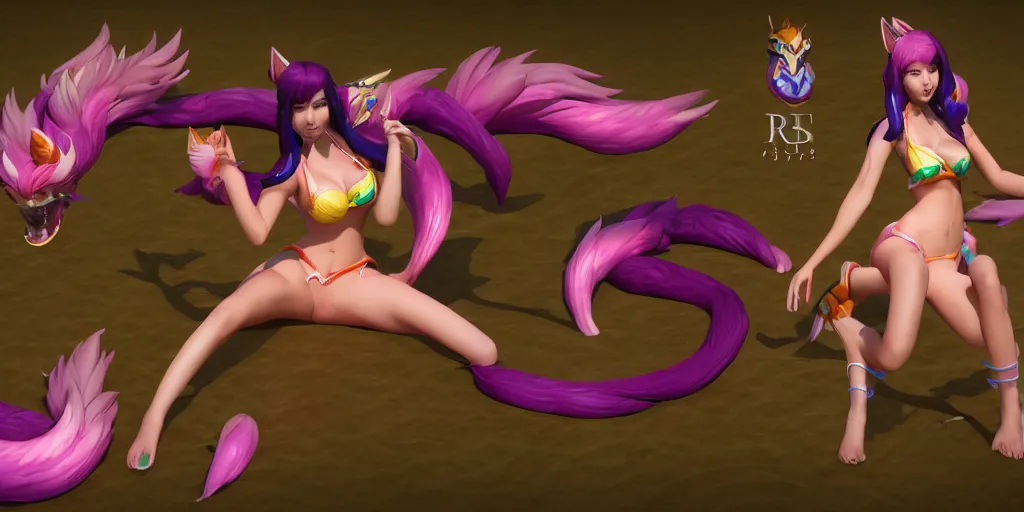 Image similar to character sheet render of pool party Ahri (wild rift). 3d, octane render, realistic, highly detailed, trending on artstation