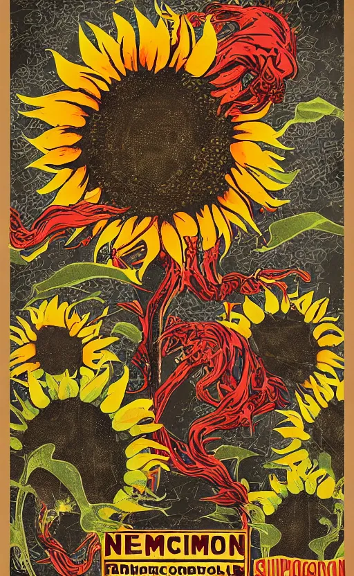 Image similar to 8 k cursed with necronomicon horrorcore cel animation poster depicting sunflowers spattered with blood, intricate, metropolis, 1 9 5 0 s movie poster, post - processing, vector art