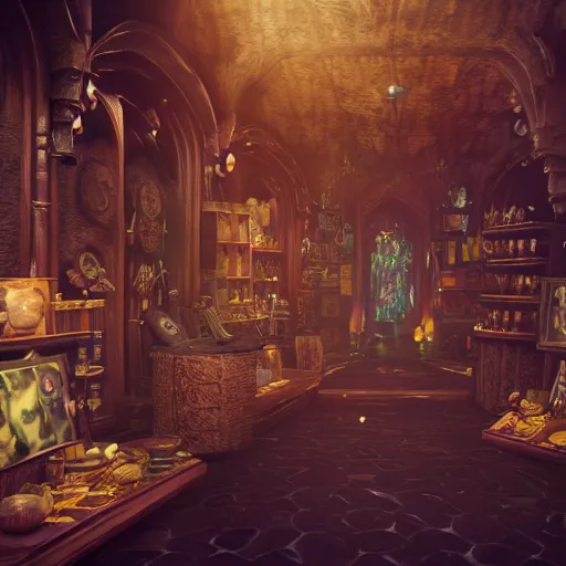 Prompt: inside a magical item shop, fantasy potion vendor interior, ufotable studio art style, gothic interior, 8 k, octane render, unreal engine