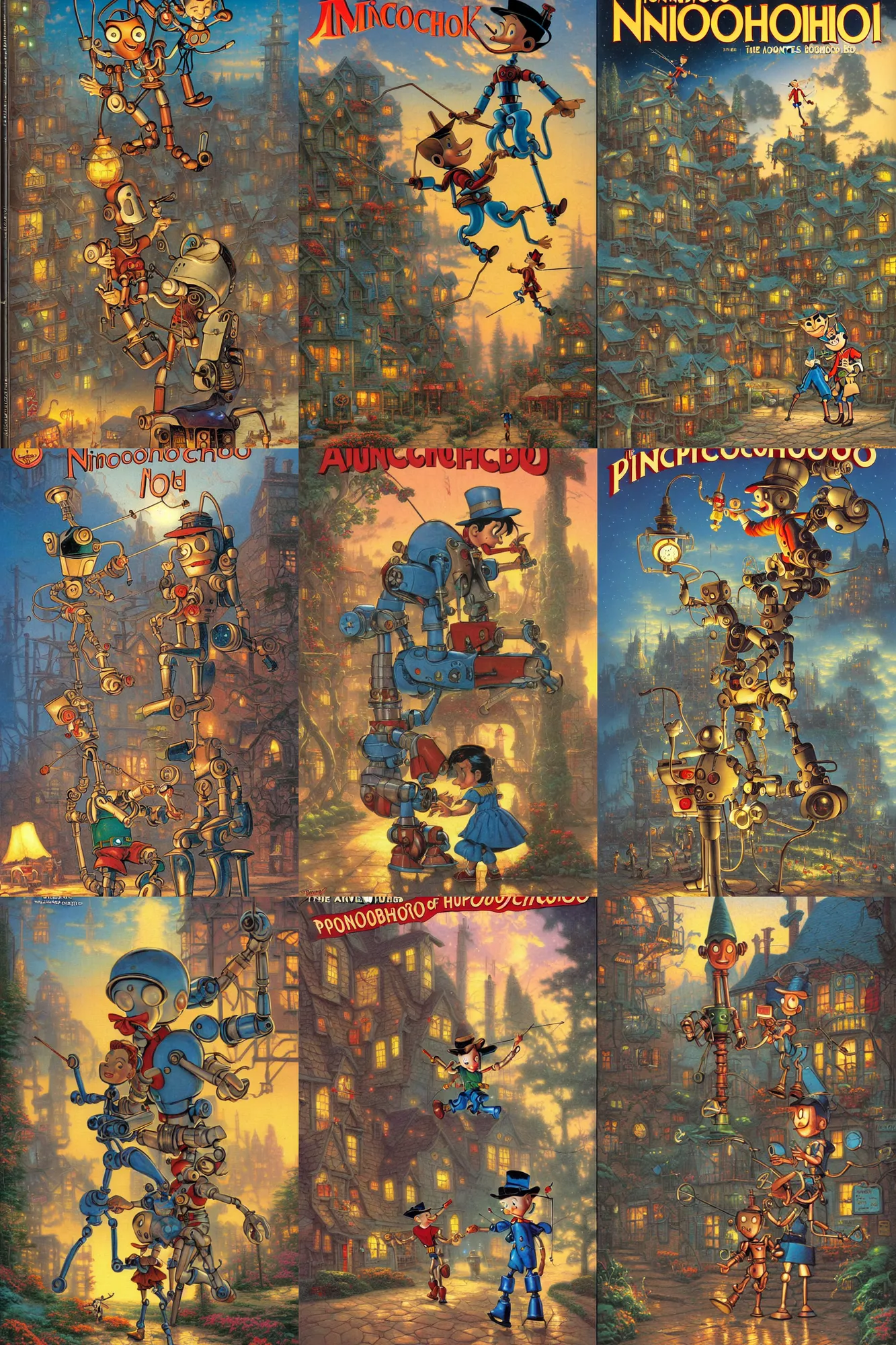 Prompt: the adventures of pinocchio, the robot boy wonder, pulp cover by thomas kinkade and james jean, very detailed