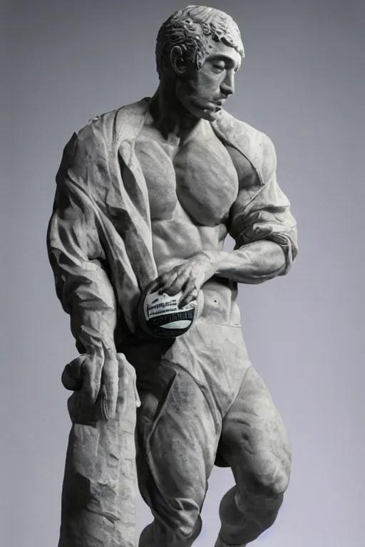 Image similar to marble sculpture of man in Adidas jacket sportswear holding a bottle, intricate sculpture, chiseled muscles, godlike, museum photo