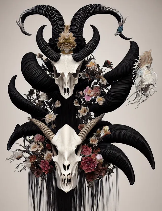 Image similar to 3 d goddess goat skull half - turn portrait with long hair with ram skull. beautiful intricately detailed japanese crow kitsune mask and clasical japanese kimono. betta fish, jellyfish phoenix, bio luminescent, plasma, ice, water, wind, creature, artwork by tooth wu and wlop and beeple and greg rutkowski