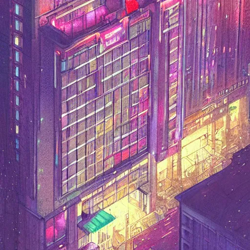 Image similar to a beautiful artwork of a hotel at night, top view, neon and rainy theme atmosphere by Jerome Opeña, featured on artstation