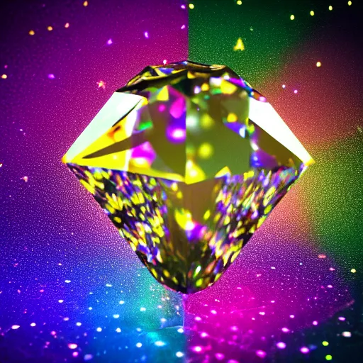 Image similar to exploding diamond with fragments lit up by rainbow light, octane render