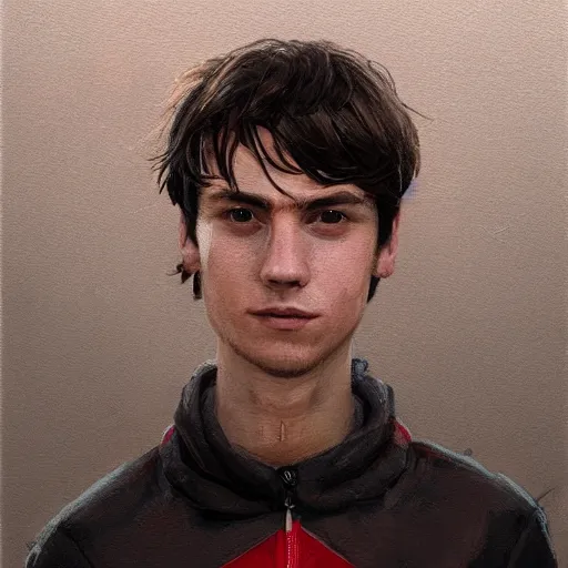 Prompt: Portrait of a man by Greg Rutkowski, he is about 20 years old, french features, attractive, short brown hair with bangs, athletic and strong, gallant, childhood friend vibes, he is wearing red and black utilitarian jumpsuit, highly detailed portrait, digital painting, artstation, concept art, smooth, sharp foccus ilustration, Artstation HQ.