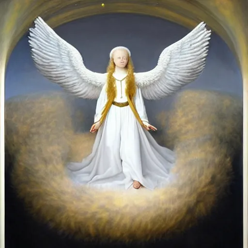 Image similar to highdetailed hyperrealistic painting of white angel!!! no gender!!!, giant ball of miracle light from the chest!!!!!, white sparkles everywhere, 4 k hd fur face!!!, big wings, by jan van eyck, holography space, glow effect, large strokes, white monochrome color!!!!!