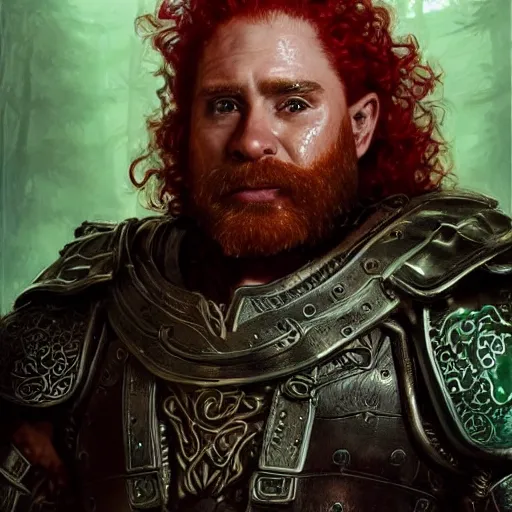 Prompt: red haired dwarf with curly hair and full beard wearing leather armor with green strips, battle axe on his back, ultra realistic, concept art, intricate details, eerie, highly detailed, photorealistic, octane render, 8 k, unreal engine. art by artgerm and greg rutkowski and alphonse mucha