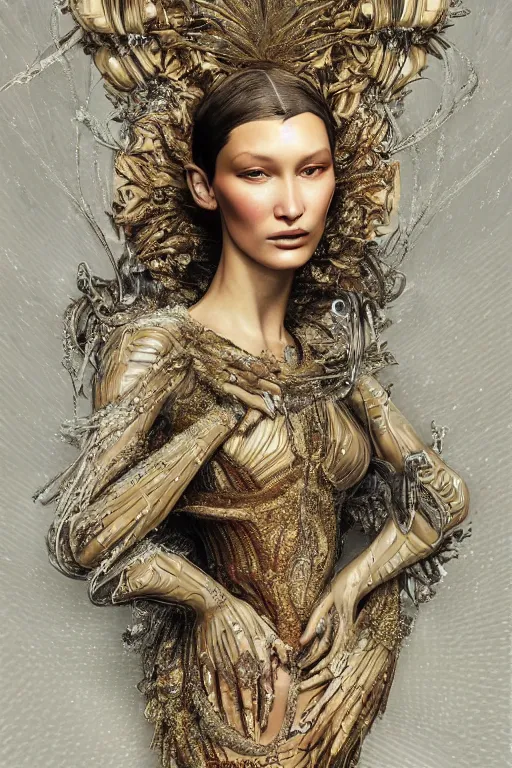 Prompt: a highly detailed painting of a beautiful alien goddess bella hadid in iris van herpen dress schiaparelli in diamonds in style of alphonse mucha art nuvo octane render