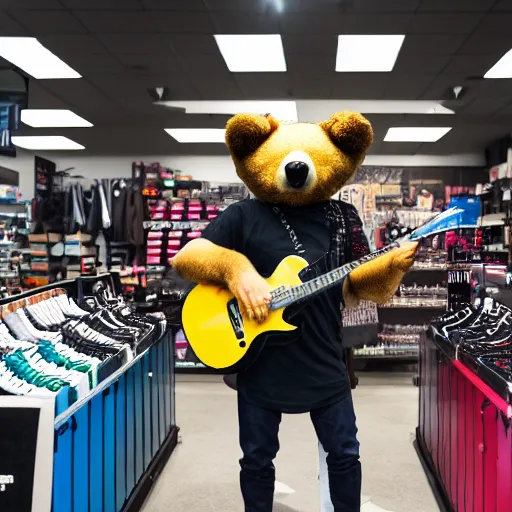 Image similar to a photograph of a man poorly cosplaying as a bear while holding a guitar, he is in a shoe store, he is standing in between long store isles, vivid color, 50mm