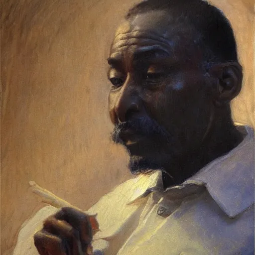 Prompt: a painting of a thinker no facial hair, thoughtful, focused, visionary, calm, jovial, loving, fatherly, generous, elegant well fed elder with few eyebrows and his on from Kenya by Henry Ossawa Tanner . dramatic angle, ethereal lights, details, smooth, sharp focus, illustration, realistic, cinematic, artstation, award winning, rgb , unreal engine, octane render, cinematic light, macro, depth of field, blur, red light and clouds from the back, highly detailed epic cinematic concept art CG render made in Maya, Blender and Photoshop, octane render, excellent composition, dynamic dramatic cinematic lighting, aesthetic, very inspirational, arthouse.