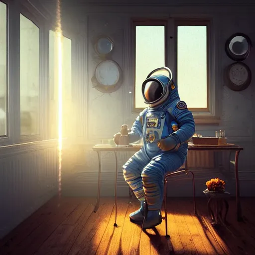 Image similar to a single cosmonaut in a spacesuit drinks a steaming cup of tea at an old wooden desk in a richly decorated Victorian house. the autumn light comes in through a window and dimly illuminates the room, diffuse light, octane render