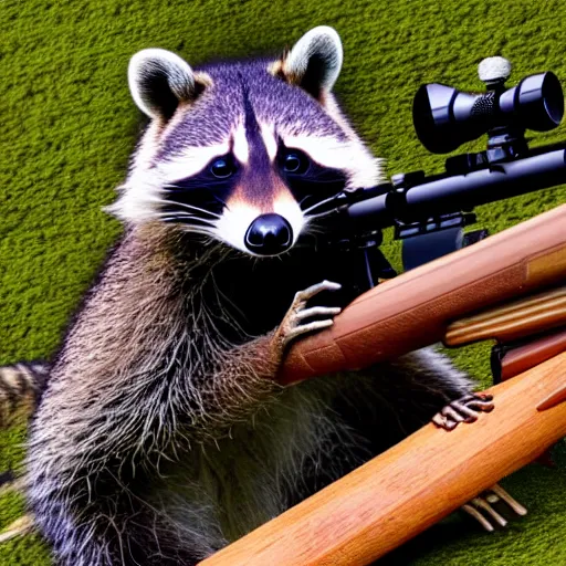 Image similar to raccoon shooting sniper rifle, photo, detailed, 4 k