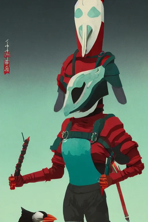 Image similar to female adventurer in tight full - body teal leather armor of japanese design with red accents and a white porcelain crow mask, trending in artstation, japanese, by simon stalenhag, establishing shot