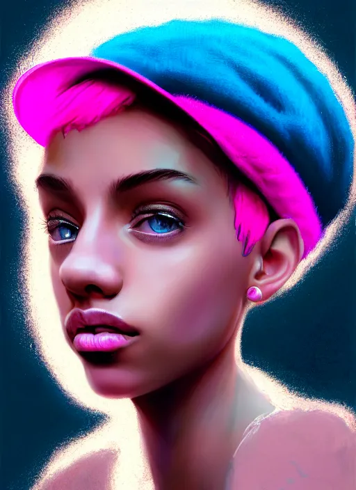 Image similar to portrait of teenage vanessa morgan with bright pink hair, black girl, curly pixie cut hair, wearing newsboy cap, pink short haircut, newsboy cap, hoop earrings, blue eyes, intricate, elegant, glowing lights, highly detailed, digital painting, artstation, concept art, smooth, sharp focus, illustration, art by wlop, mars ravelo and greg rutkowski