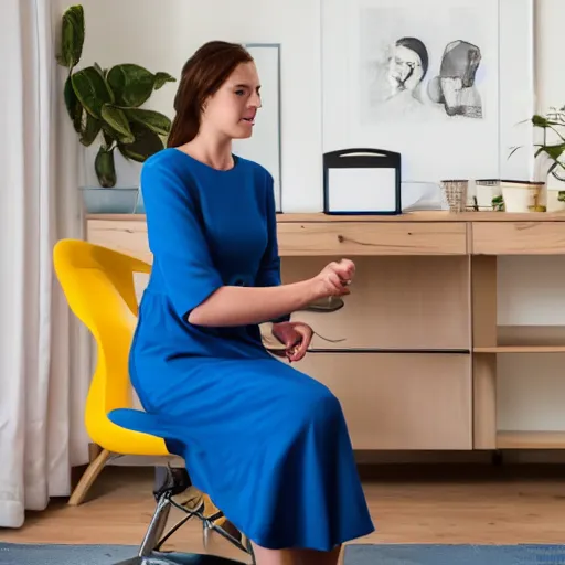 Image similar to woman in blue dress, studio, on IKEA chair, very coherent symmetrical face,