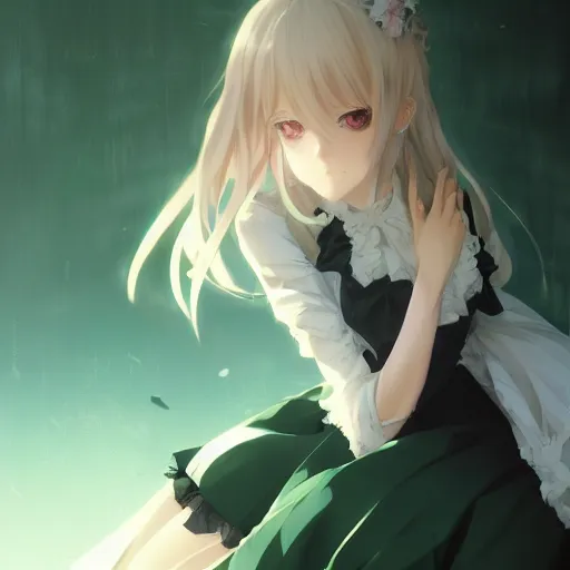 Prompt: victorique de blois anime girl gosick green eyes black dress blonde hair by greg rutkowski makoto shinkai aramaki shinji artgerm, cushart krenz key art feminine