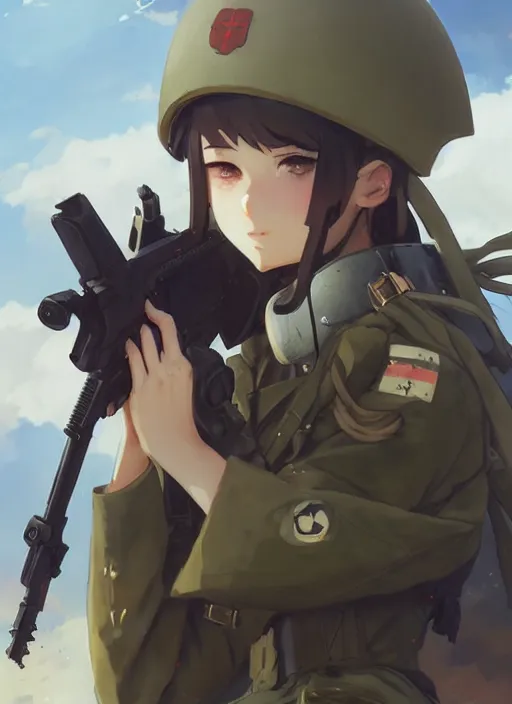 Image similar to portrait of cute soldier girl, cloudy sky background lush landscape illustration concept art anime key visual trending pixiv fanbox by wlop and greg rutkowski and makoto shinkai and studio ghibli and kyoto animation soldier clothing military gear realistic anatomy mechanized modern warfare arknights