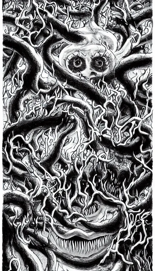 Image similar to a storm vortex made of many demonic eyes and teeth over a forest, by khara inc