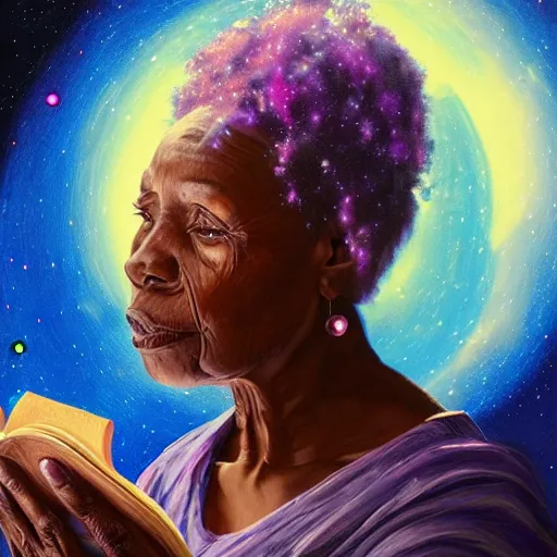 Prompt: an elder african psychic woman reading her crystal ball while holding a book of spells under a meteor shower, greg rutkowski and android jones and amanda sage, oil on canvas, vivid colors 8k