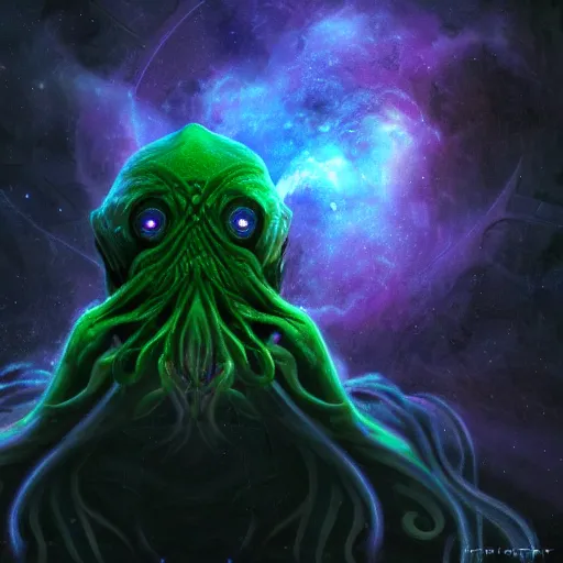 Image similar to cosmic cthulhu in dark space, nebula in background, by lovecraft, details face, detailed body, realistic body proportions, unreal engine, by popular digital artist, digital, artstation, detailed body, heavenly atmosphere, digital art, overdetailed art, trending on artstation, cgstudio, the most beautiful image ever created, dramatic, award winning artwork, beautiful scenery