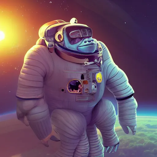 Image similar to gorilla left in space, wearing space suit. interesting 3 d character concept by tiger hkn and gediminas pranckevicius, maplestory, game art, hyper detailed, character modeling, cartoon, cinematic, raytrace, concept art, trend on behance 3 d art, v - ray, maya, c 4 d