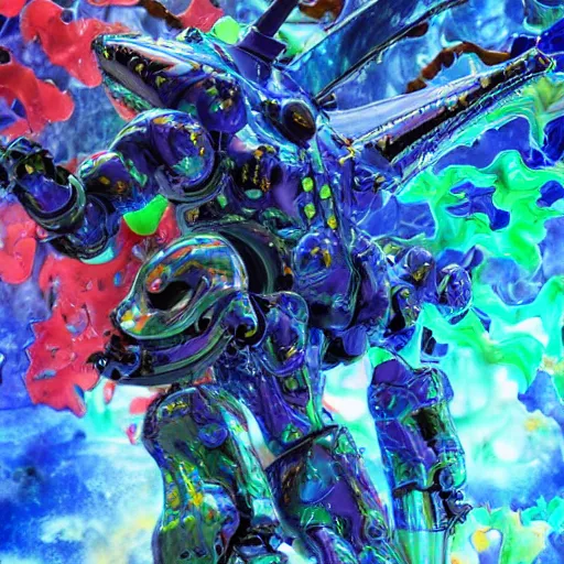 Prompt: drippy liquid metal combat mecha, gouf evangelion, liquid mechanical exoskeleton wearing swirling hardsurface armour, by spider zero, benoit b. mandelbrot, jeff koons, chihuly, trending on artstation # chihuly # evagelion # chihuly