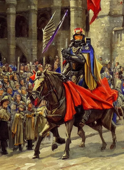 Image similar to halo master chief in a medieval royal procession by alexander averin