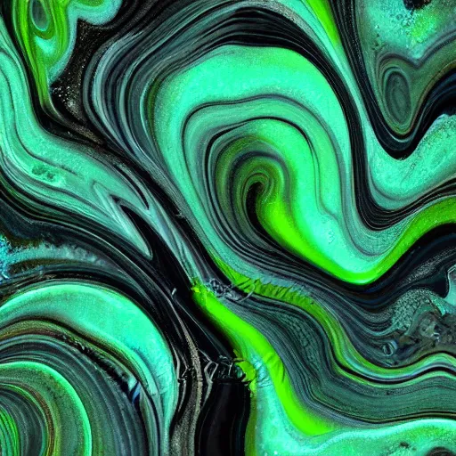 Prompt: beautiful liquid marble texture with oil bubbles and little twirls. harmonic black and green tones coloured abstraction. ultradetailed realistic art